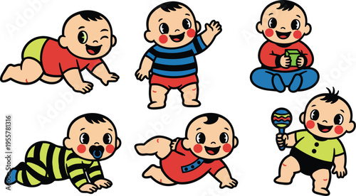 Retro cartoon six smiling babies crawling sitting and playing with toys bold outlines