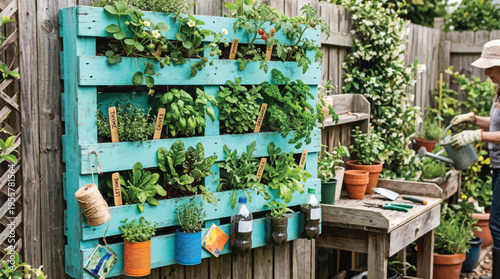 Woman watering a vibrant vertical pallet garden with various herbs and plants in a rustic backyard setting