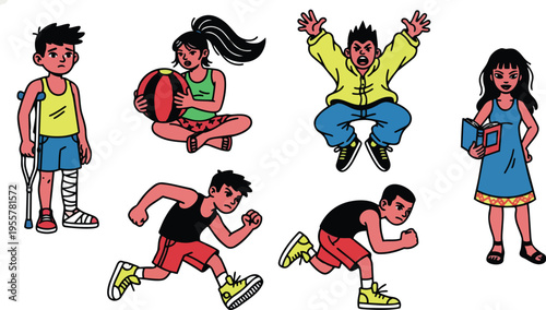 Colorful cartoon children set with injured boy crutch basketball girl jumper in yellow hoodie