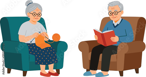Elderly couple enjoying their hobbies at home with woman knitting and man reading a book comfortably
