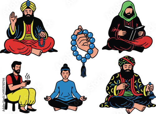 Colorful vector art meditating figures with prayer beads book and tea cup in flat line style