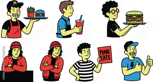 Cartoon vector art servers and punk characters holding burger fries drink and punk eats sign collage