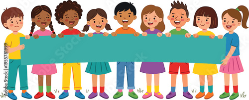 Happy diverse group of cheerful children holding a large blank banner together smiling and celebrating unity and teamwork in colorful outfits