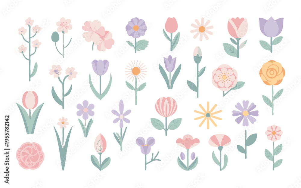 Fototapeta premium Colorful collection of delicate flowers in various styles.