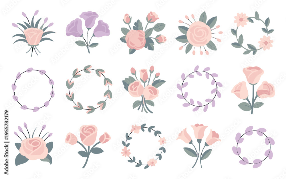 Fototapeta premium A collection of delicate floral arrangements and wreaths.