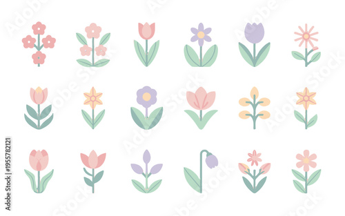 A collection of vibrant flower icons in pastel colors.