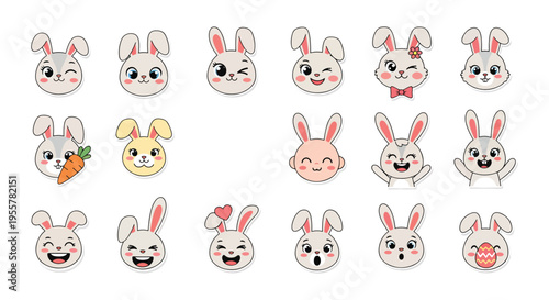 Cute Bunny Face Icons Set, Cartoon Rabbit Expressions with Easter Eggs Vector Collection