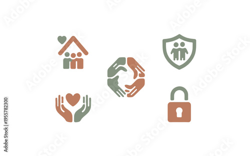 A collection of five symbolic illustrations representing care, security, and community.
