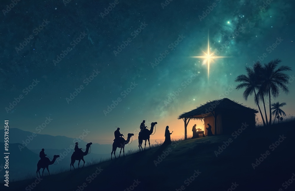 Obraz premium Three wise men on camels follow star to Bethlehem manger scene. Jesus birth celebrated in stable with Mary Joseph. Holy night sky above desert landscape.