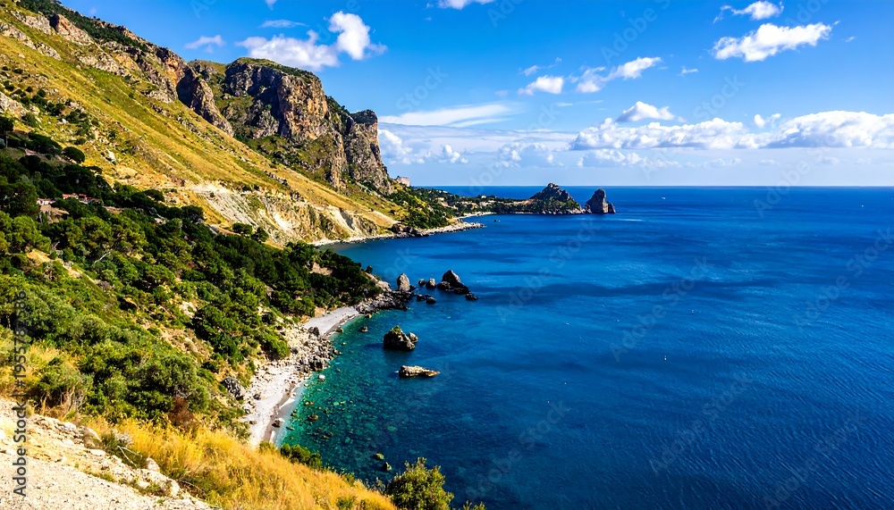Fototapeta premium A vibrant coastal panorama showcases rocky cliffs merging with the clear blue ocean under a partly cloudy sky