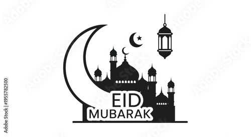 A striking eid mubarak graphic with a crescent moon mosque and lantern silhouette high quality professional