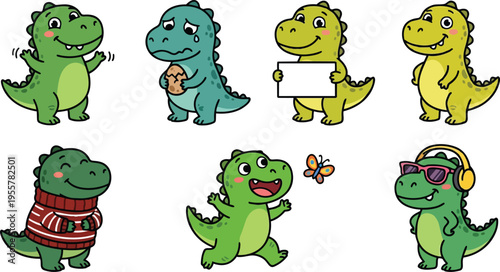 Playful hand drawn cartoon dinosaurs set with egg sign sweater headphones and butterfly