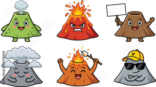 Flat design cute volcano character set with smiling angry sleeping and camping variants