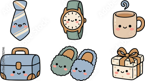 Cute pastel tie watch mug suitcase slippers and gift icons with smiling faces flat line art