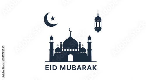 A dark silhouette of a mosque crescent moon and star celebrate the eid mubarak festival silhouette