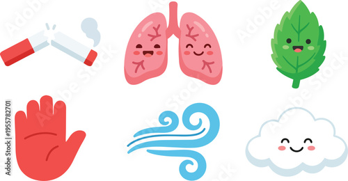 Cute flat design lungs leaf cloud cigarette icons promoting clean air and quit smoking
