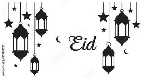 Elegant eid greeting featuring ornate lanterns crescent moons and stars in a striking silhouette high quality