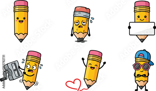 Flat design smiling pencil characters with sunglasses cap sign heart and sharpener playful expressions