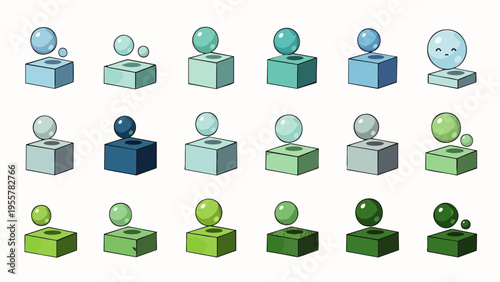 Collection of abstract geometric shapes with spheres and cubes in various shades of blue and green, representing data or concepts