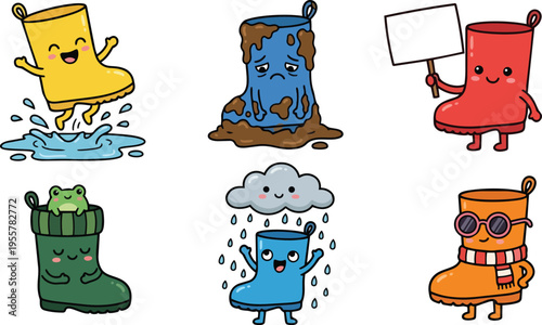 Cute colorful rain boots characters showing different expressions with frog scarf and puddle splash