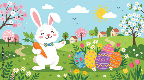 Cute Easter Bunny with Carrot and Colorful Decorated Eggs in a Spring Landscape with Flowers and Sunshine