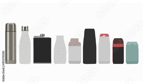 Realistic thermos mockup collection with insulated bottles in modern materials and finishes isolated on white