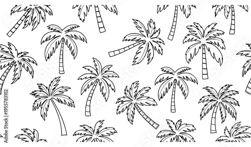 Seamless palm tree pattern with bold outline tropical vector design in scattered layout isolated on white