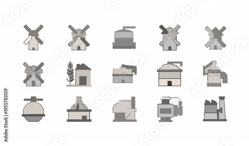 Mill icon set with simple outline windmill watermill and grain mill symbols for web design isolated on white