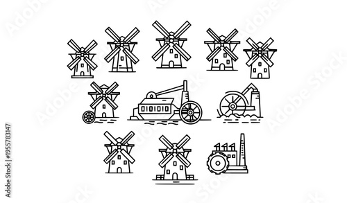 Mill icon collection with bold outline windmill and watermill symbols in circular arrangement isolated on white