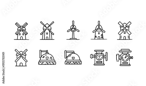 Mill line icon set with windmill grain and industrial milling symbols in horizontal layout isolated on white