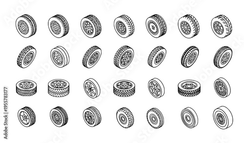 Isometric tire icon set with car truck off road and racing wheel designs in outline style isolated on white