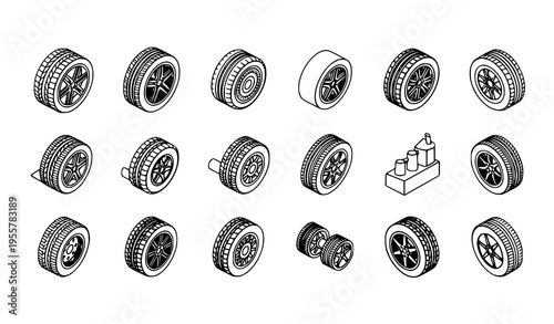 Isometric tire outline icon collection with various automotive wheel and tread styles in circular layout isolated on white