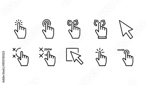 Mouse cursor and finger gesture line icon set with click drag and pointer symbols in horizontal layout isolated on white