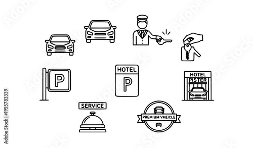 Valet parking icon collection with bold outline car service and attendant symbols in circular arrangement isolated on white
