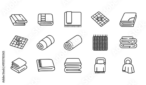Blanket outline icon set with folded rolled and bedding textile symbols for web design isolated on white