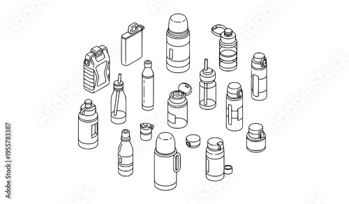 Isometric thermos and vacuum insulated water bottle outline icons collection with various lid types isolated on white background