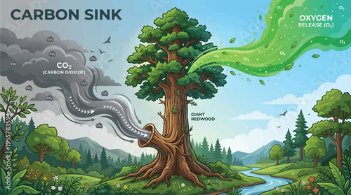 Giant Redwood Tree Carbon Sink Illustration: CO2 Absorption and Oxygen Release for Environmental Concepts