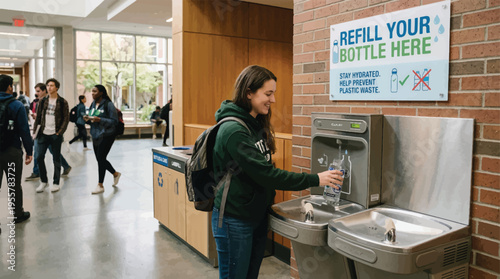 Smiling female student refilling water bottle at a modern hydration station in a university hallway