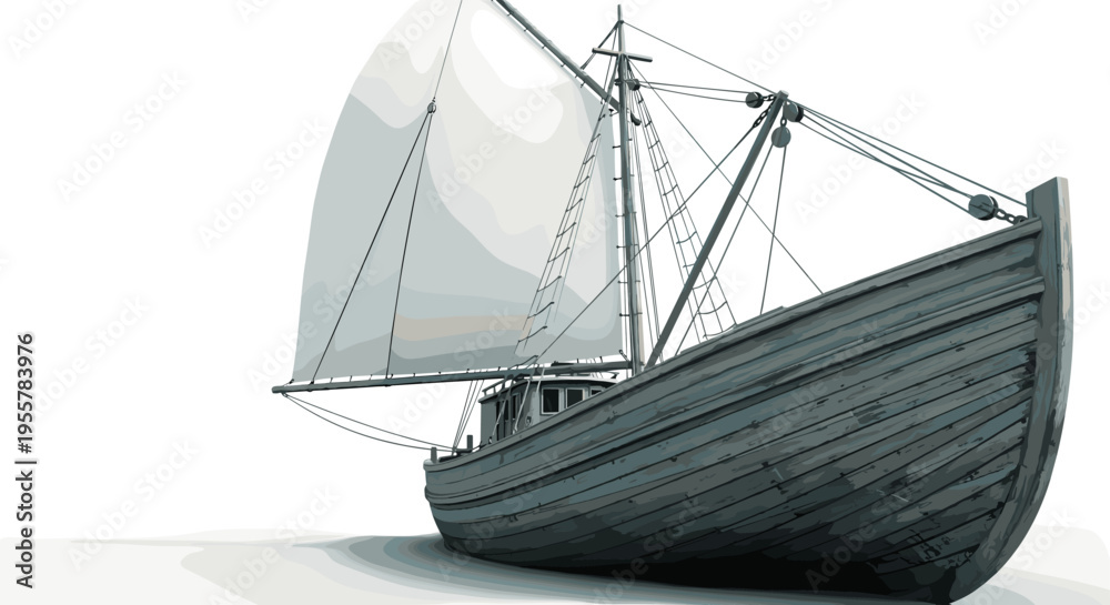 Naklejka premium Vintage wooden sailboat with white sails on a calm sea, detailed illustration