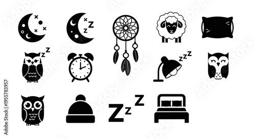Collection of sleep and nighttime icons including moon, owl, sheep, and bed