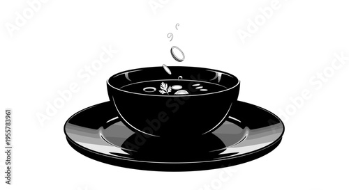 Stylized black and white illustration of a steaming bowl of soup with ingredients dropping in