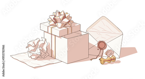 Open gift box with crumpled paper, wax seal, and envelope on white background