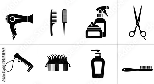 Collection of black icons representing hair salon and barber shop tools and products