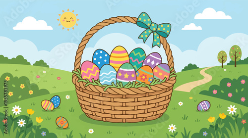 Easter egg basket overflowing with colorful painted eggs on a sunny spring day