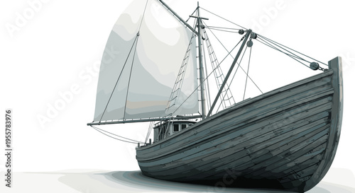 Vintage wooden sailboat with white sails on a calm sea, detailed illustration
