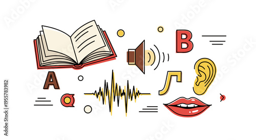 Illustration of sound and speech elements, including an open book, speaker, waveform, and ear