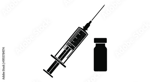 Black syringe and vial depicted as a striking minimalist silhouette
