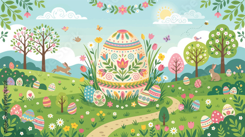 Happy Easter celebration with decorative eggs and bunnies in a lush green landscape with blooming flowers and trees
