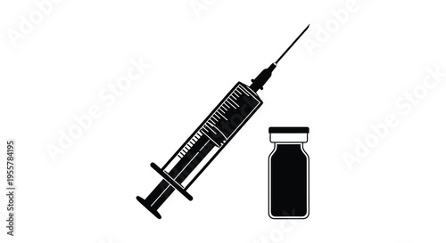 Black syringe and vial illustration medical equipment depicted as a silhouette