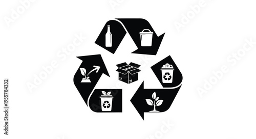 Recycling symbol featuring various materials in a striking black silhouette